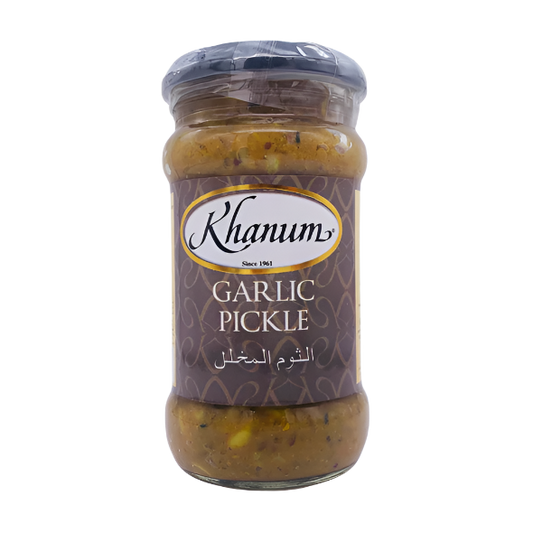 Jar of Khanum Garlic Pickle on a white background