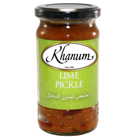 Jar of Khanum Lime Pickle with green label on a white background