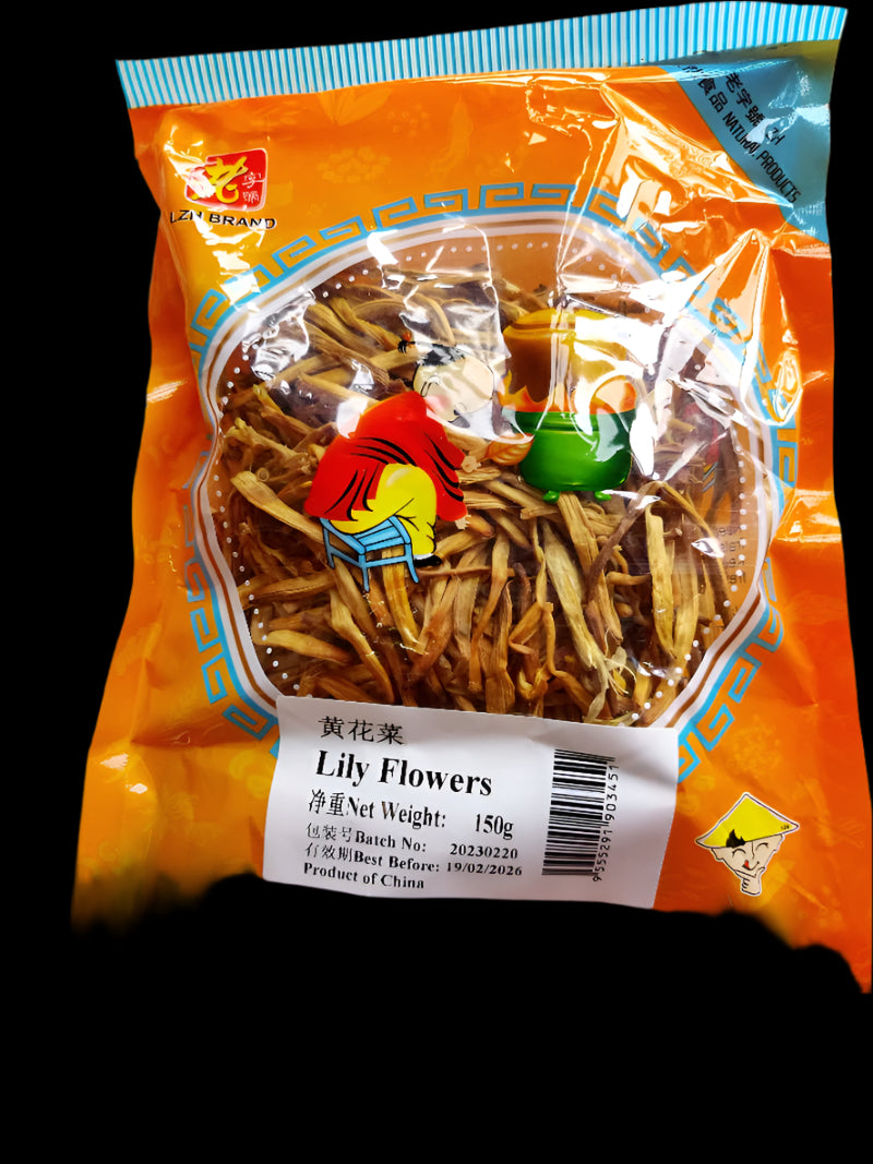 Packaged dried lily flowers with an orange and blue label on a wooden surface