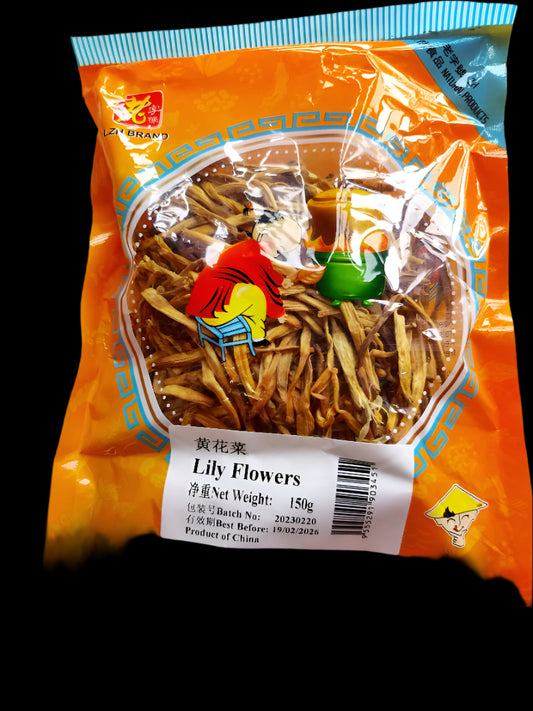 Packaged dried lily flowers with an orange and blue label on a wooden surface