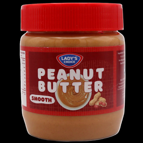 Jar of Lady's Choice peanut butter with red lid and label 
