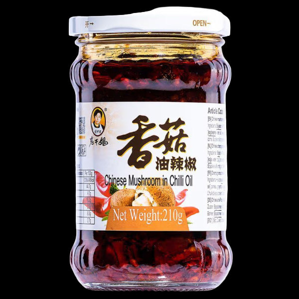 Jar of Chinese mushroom in chili oil with label 