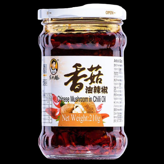 Jar of Chinese mushroom in chili oil with label 