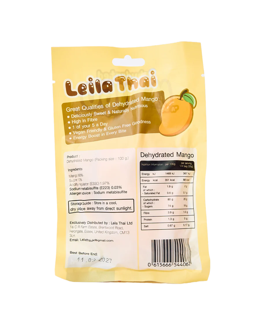 Leila Thai dehydrated mango package with nutritional information on a white background