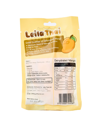 Leila Thai dehydrated mango package with nutritional information on a white background