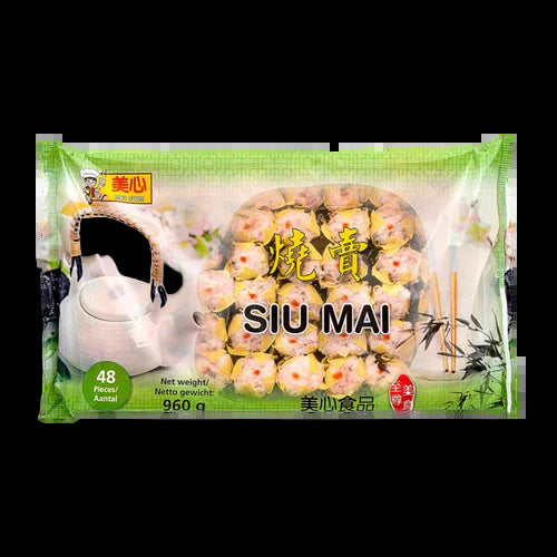 Packaged siu mai with green and white design on a black background