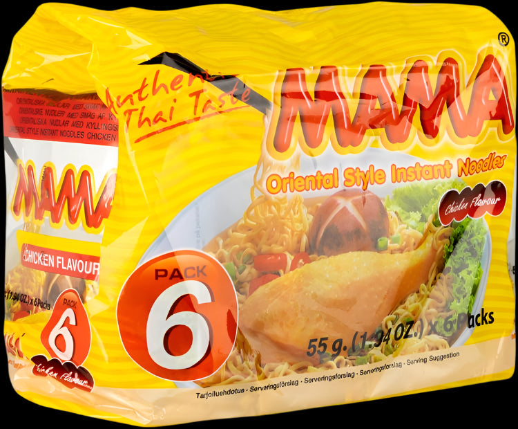 Packaging of MAMA Oriental Style Instant Noodles with chicken flavor on a yellow background