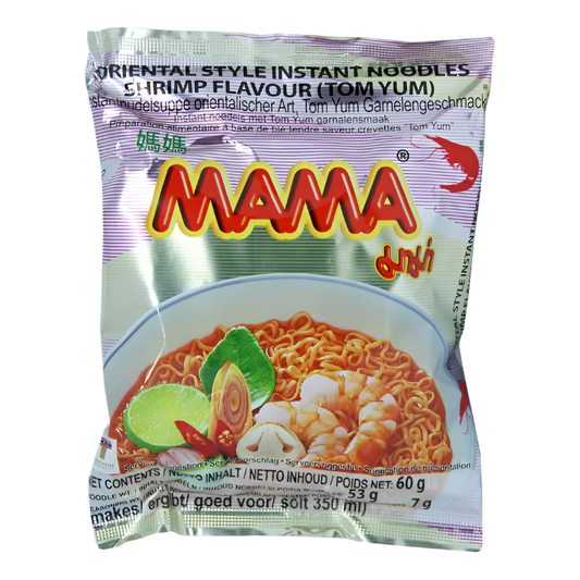 Mama Shrimp Flavour instant noodles packaging on a clear background