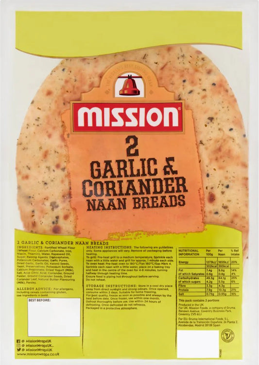 Packaging of Mission Garlic & Coriander Naan Breads on a white background
