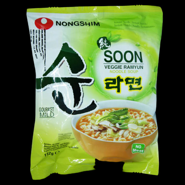 Nongshim Soon Veggie Ramyun noodle soup package on a white background