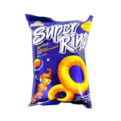 Super Rivo snack package with blue and yellow design on a white background
