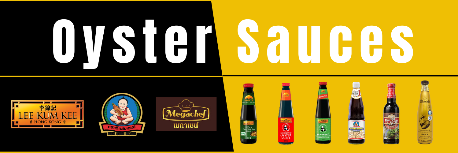 Promotional banner for oyster sauces with various brands and product images on a yellow background.