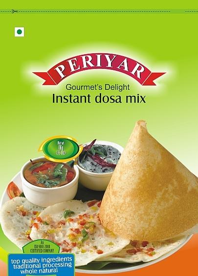 Periyar Instant dosa mix packaging with dosa and chutneys on a green background