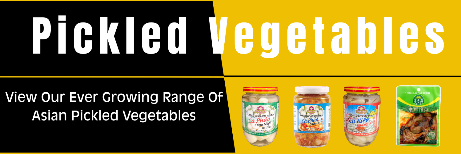 Advertisement for pickled vegetables with images of jars and text on a yellow background