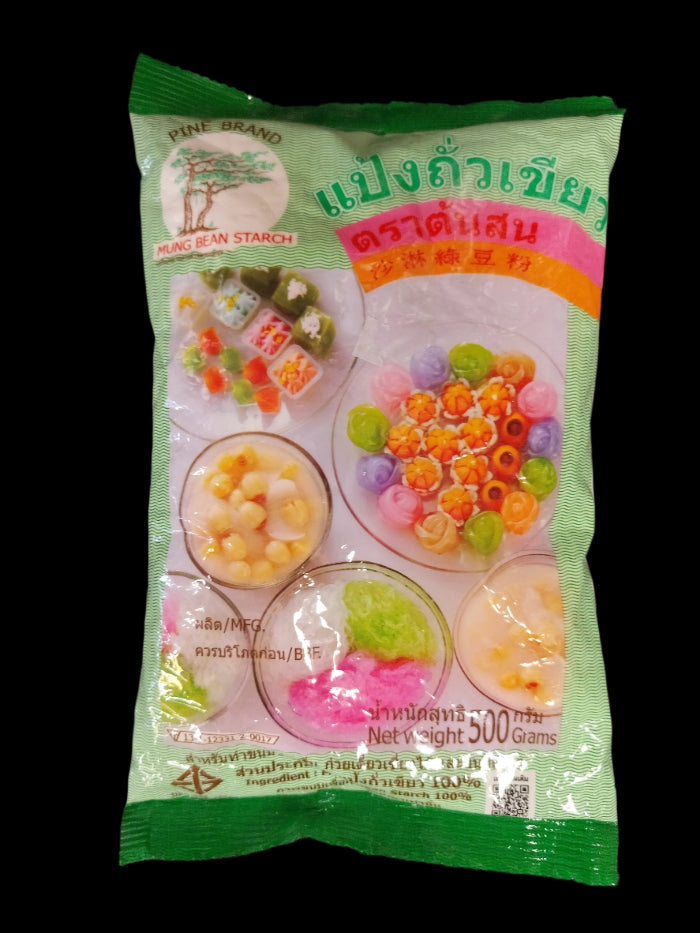 Packaging of Mung Bean Starch with images of food products on a dark textured surface