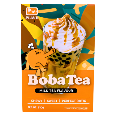 Boba Tea packaging with a cartoon character and colorful design