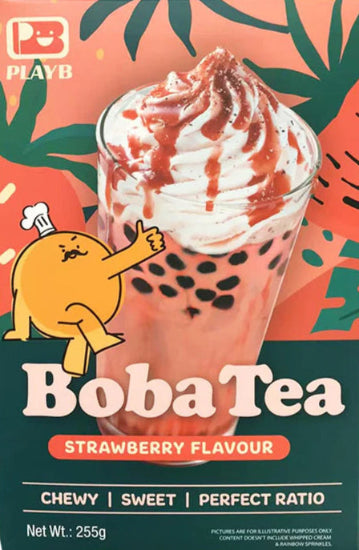 PlayB Boba Tea packaging with strawberry flavor text on a colorful background