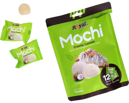 Green package of Royal Family Mochi Creamy Coconut with smaller green packages and a coconut 