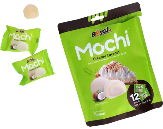 Green package of Royal Family Mochi Creamy Coconut with smaller green packages and a coconut 