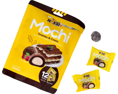 Yellow package of Royal FamilyMochi Tiramisu & Creme with a small mochi 