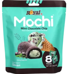 Mochi mint chocolate chip snack package with branding on a teal background