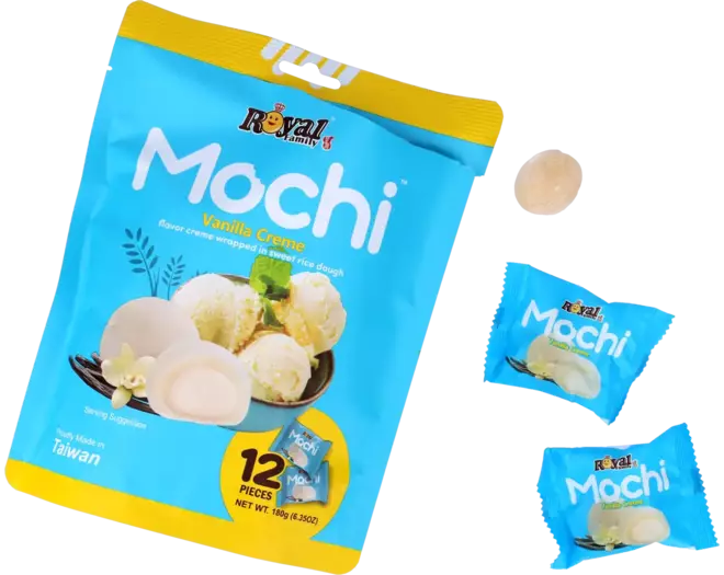 Royal Mochi Vanilla Creme packaging with a single mochi and two smaller packages 