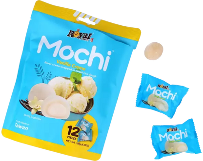 Royal Mochi Vanilla Creme packaging with a single mochi and two smaller packages 
