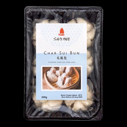 Packaged Char Sui Bun with Sam Pan label on a black background