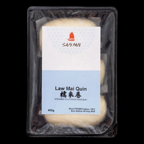 Packaged Sam Pan Law Mai Quin with a clear plastic wrap on a black background