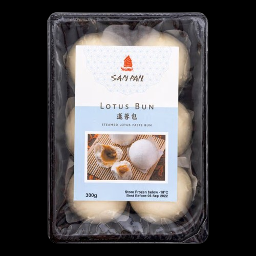 Packaged lotus buns with San Pan label on a black background