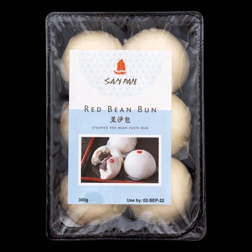 Packaged red bean buns with a San Pan label on a black background