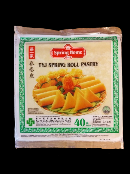 Packaging of Spring Home Tyj Spring Roll Pastry with a clear window showing the product.