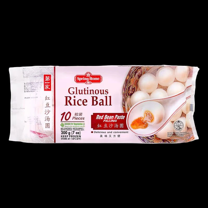 Packaging of Spring Home Glutinous Rice Ball with red bean paste filling on a blackbackground