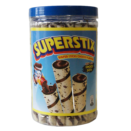 Jar of Superstix wafer sticks with chocolate flavor