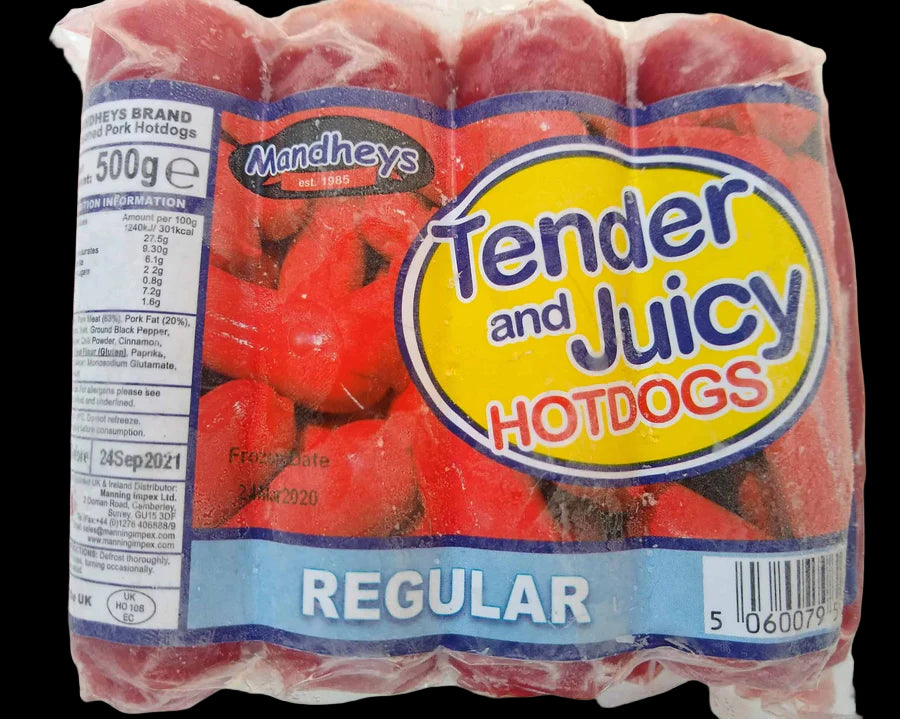 Packaged hotdogs with 'Mandheys' branding and 'Tender and Juicy Hotdogs' label.