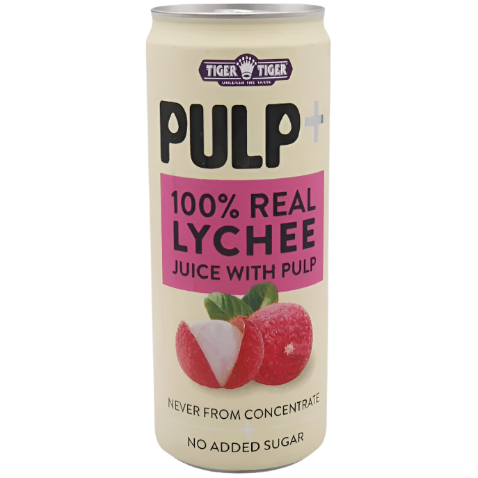 Can of Tiger Tiger Pulp 100% Real Lychee Juice with Pulp on a clear background
