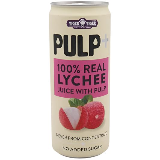 Can of Tiger Tiger Pulp 100% Real Lychee Juice with Pulp on a clear background