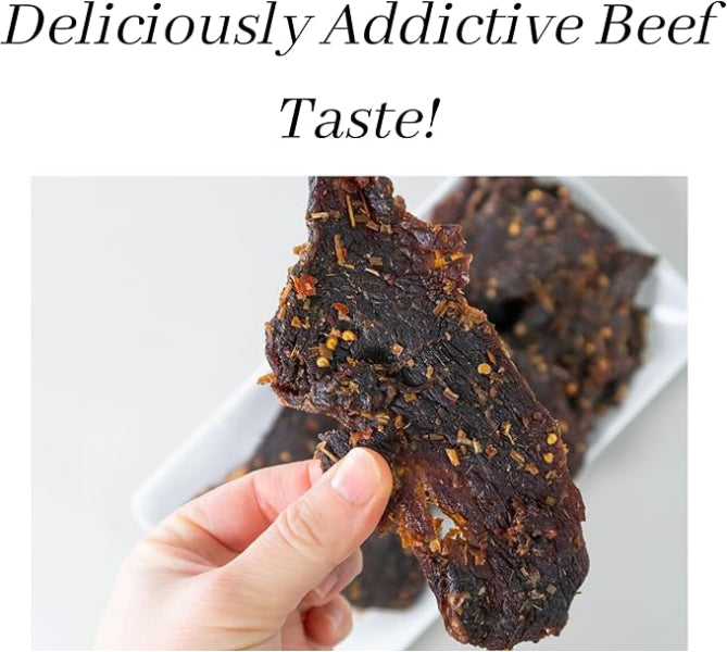 Hand holding a piece of beef jerky with text 'Deliciously Addictive Beef Taste!' on a white background