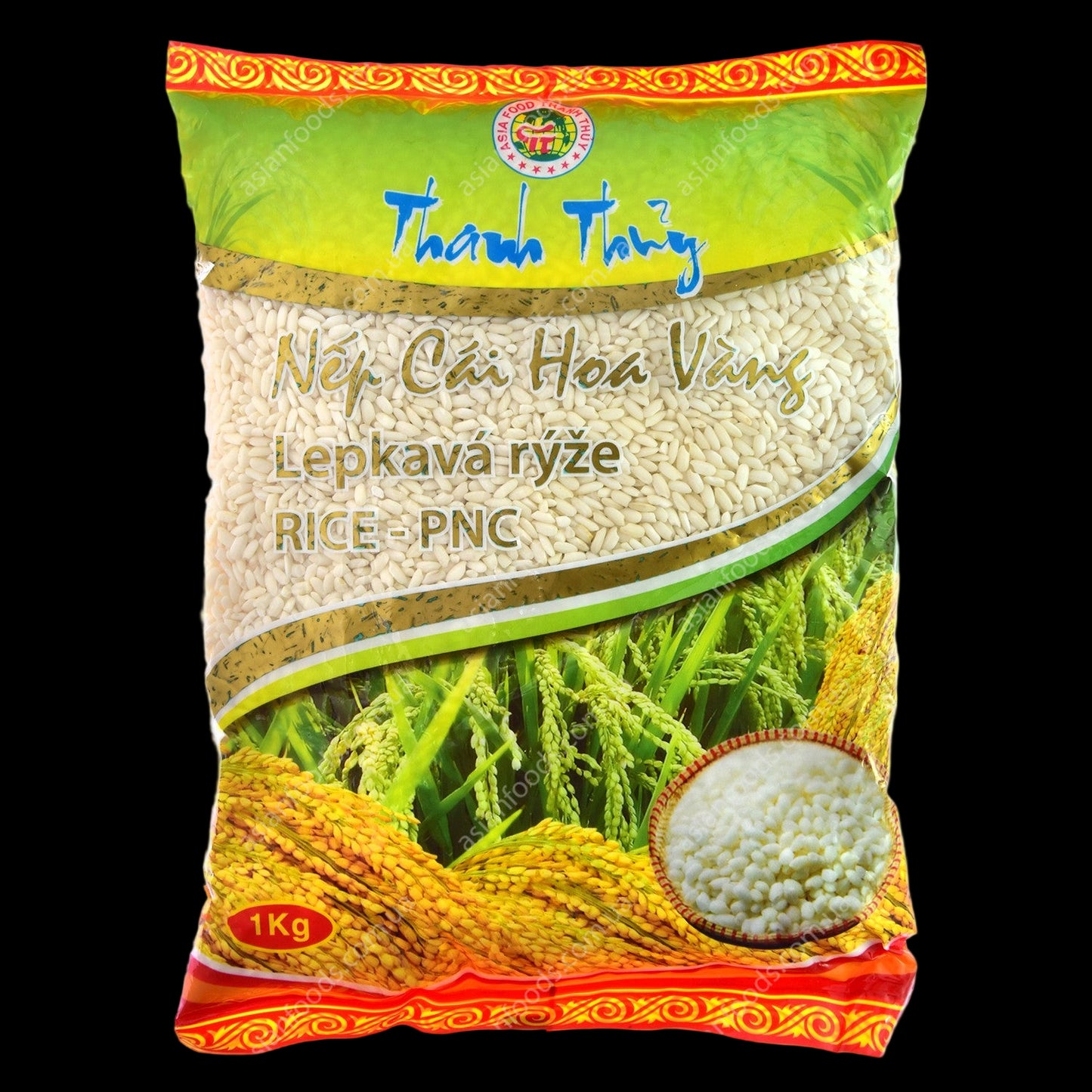Bag of Thanh Trang rice with green and orange design on a white background