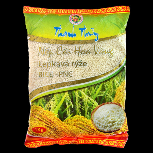 Bag of Thanh Trang rice with green and orange design on a white background