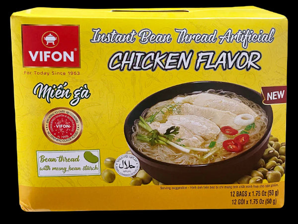 VIFON Instant Bean Thread Artificial Chicken Flavor packaging with a bowl of noodles on a yellow background