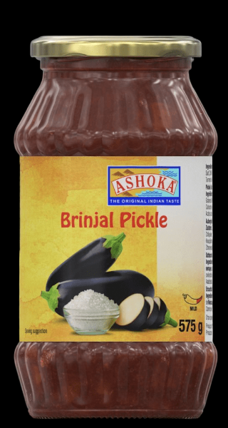 Jar of Ashoka Brinjal Pickle with a yellow label 575h
