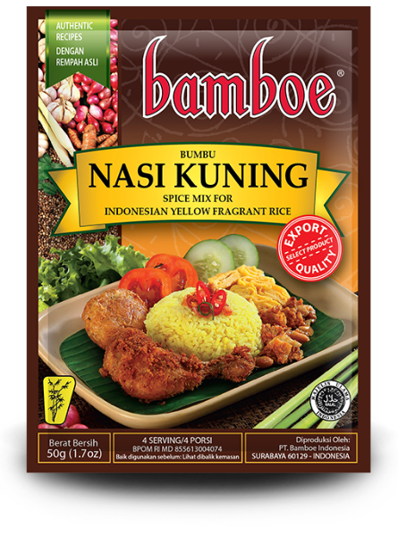 Bamboe Nasi Kuning spice mix packaging with a dish of yellow fragrant rice and chicken.