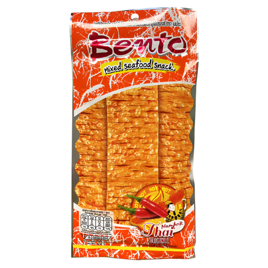 Packaged snack with Bento branding on an orange background