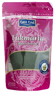 Packaged basil seeds with pink label and East End branding