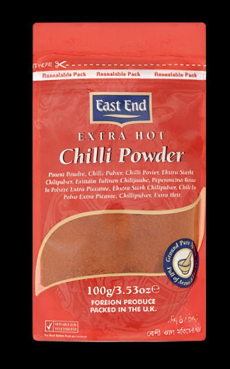 Packaging of East End Extra Hot Chilli Powder 100g