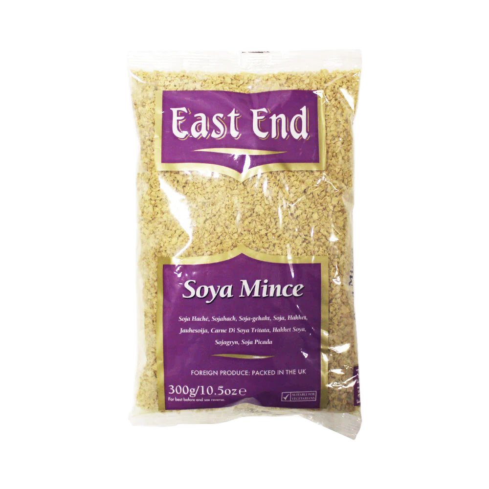 Packaged soya mince with 'East End' branding 
