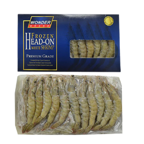 Packaged frozen head-on white shrimp with Wonder Brand packaging.