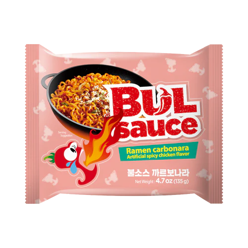 Bul Sauce Ramen carbonara package with pink background and noodles illustration