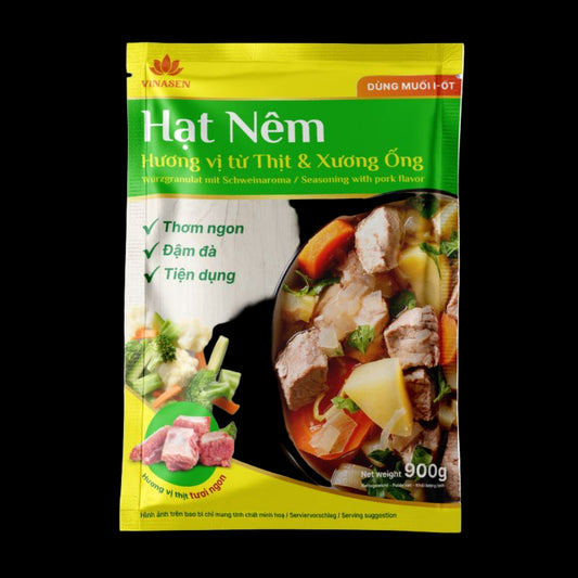 Packaging of Hạt Nêm seasoning mix with a bowl of soup